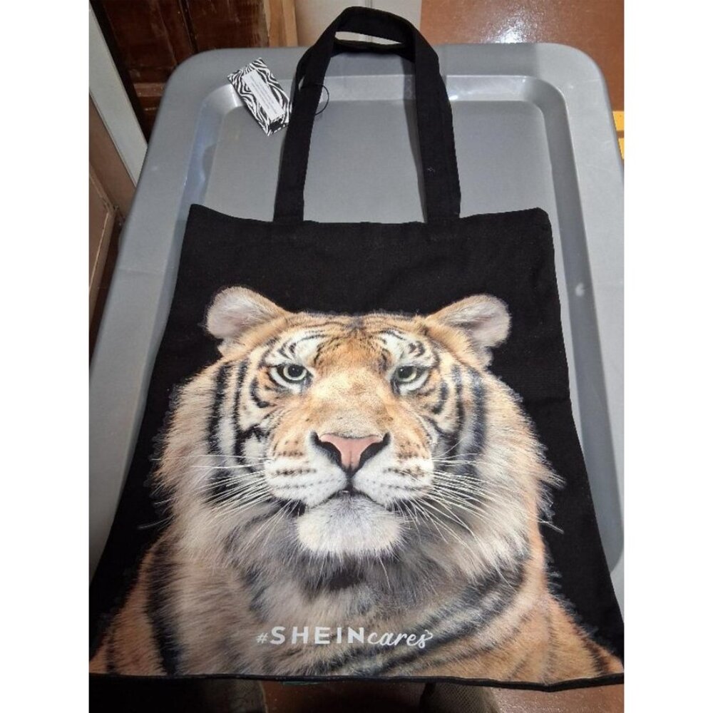 Tiger Print Black Canvas Tote Bag 16"x14" With Double Handles & #SHEINcares Tag